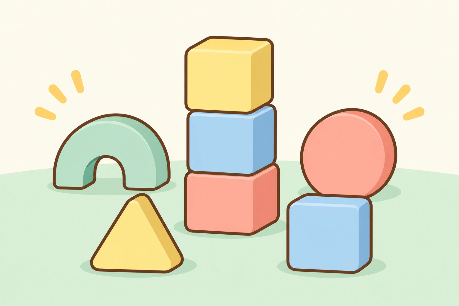 Illustrative concept of pastel blocks arranged into a little tower and arch