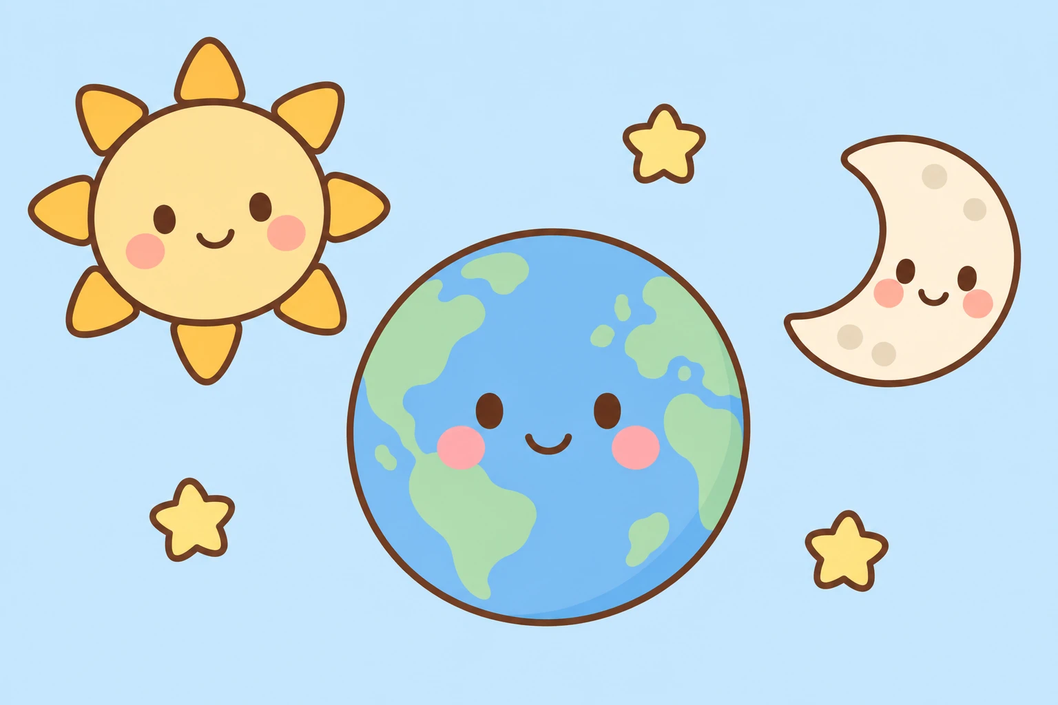 Illustrative cartoon Sun, Earth, and Moon suspended among small stars, not to scale